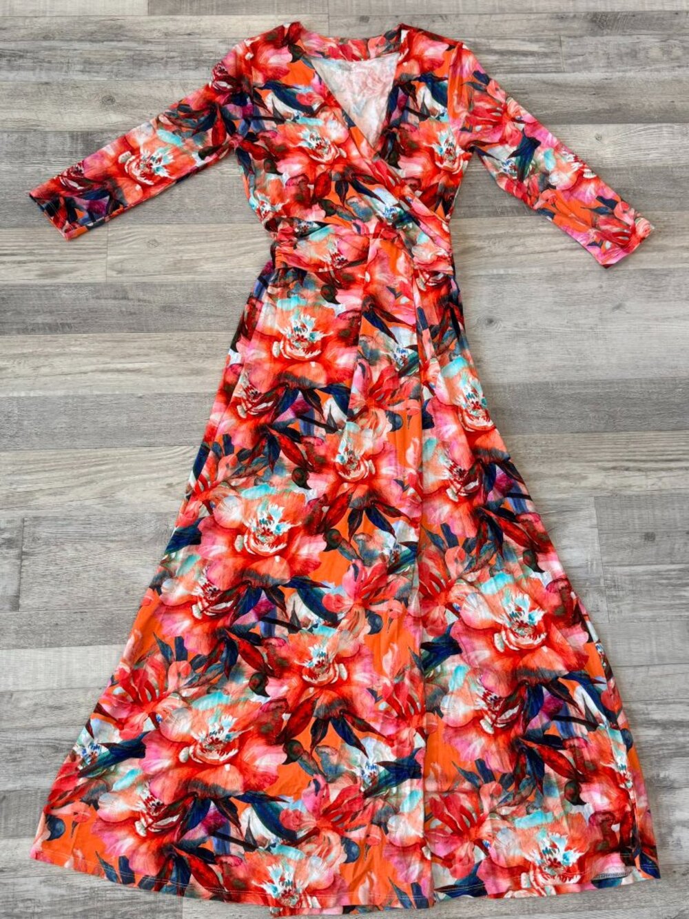 Soft Surroundings red floral wrap style maxi dress long sleeve size small B14